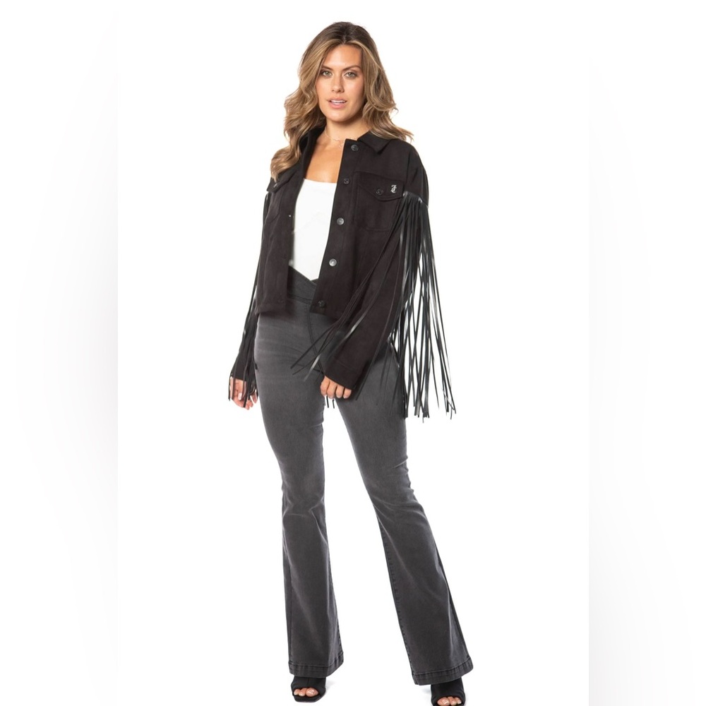 Nwt Juicy Couture Black faux leather faux suede trucker fringe Jacket size small